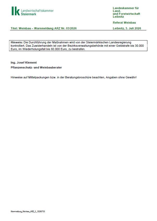 An official document from the Weinbau Department of the Steiermärkische Landesregierung. It mentions the implementation of measures for wine cultivation and the penalties for non-compliance. The document is dated July 3, 2026, and signed by Ing. Josef Klement.