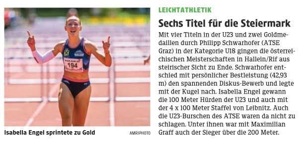 Isabella Engel sprints to gold. She won the 100 meters at the U23 Austrian Championships. Philipp Schwarzhofer won four U23 titles and two gold medals. He excelled in discus and shot put. Maximilian Graff also won the 200 meters.