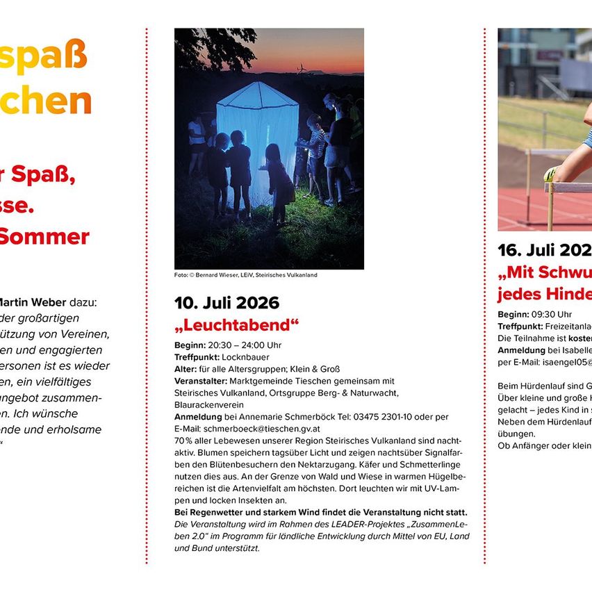 Poster with blue background and white text reads 'Spaß, reichen Sommer.' An image shows a tent lit up at dusk, with people inside. Another image of a person running on a track.
