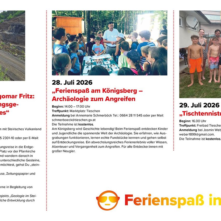A flyer advertises 'Holiday fun at Königsberg - Archaeology to touch' on July 28, 2026. A group of children and adults explore artifacts in a forest setting. The flyer provides contact details for registration and mentions an additional cost for participation.