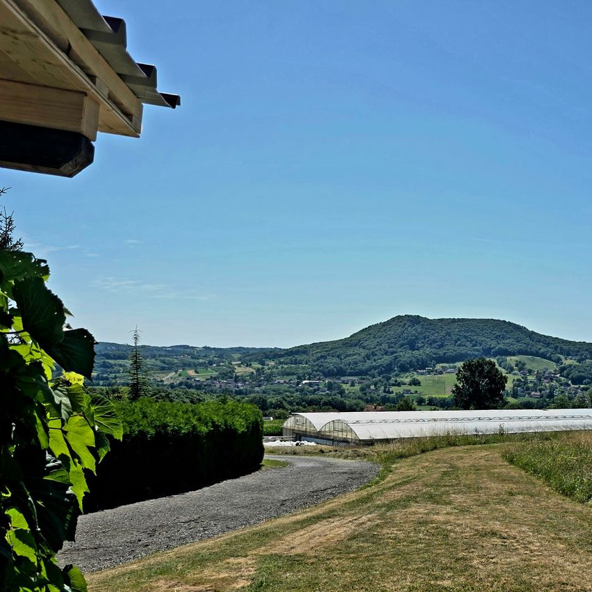 A view from a house overlooking a greenhouse with a hill and rural landscape in the background.