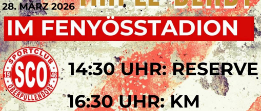 Plakat für das Morgen Triple Derby Fußball-Event am 28. März 2026 im Fenyösstadion. Spiele um 14:30, 16:30 und 18:30 Uhr. Reserve, KM und U13 Teams. Sponsoren sind Horitschon, Gady und St. Michael.