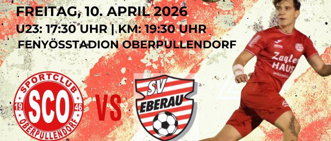 Fußballspiel in der Bundesliga am 10. April 2026. U23-Spiel um 17:30 Uhr, KM-Spiel um 19:30 Uhr. Fenyossstadion Oberpullendorf. Sponsoren sind Zagler Haus, Gady und Lidl.