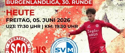 Plakat für den Matchday der Burgenlandliga, zeigt einen Fußballspieler, der den Ball tritt, Datum 5. Juni 2026. Spiel im Fenyssstadion Oberpullendorf, Teams Sportclub Oberpullendorf und SV Mattersburg.