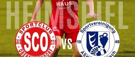 Ein Fußballspieler in einem roten Trikot tritt einen Ball auf einem Feld. Das Poster bewirbt ein Spiel zwischen zwei Teams, SCO Oberpullendorf und ASKO Kohfidisch. Das Spiel ist für Freitag, den 11. September 2026 angesetzt.