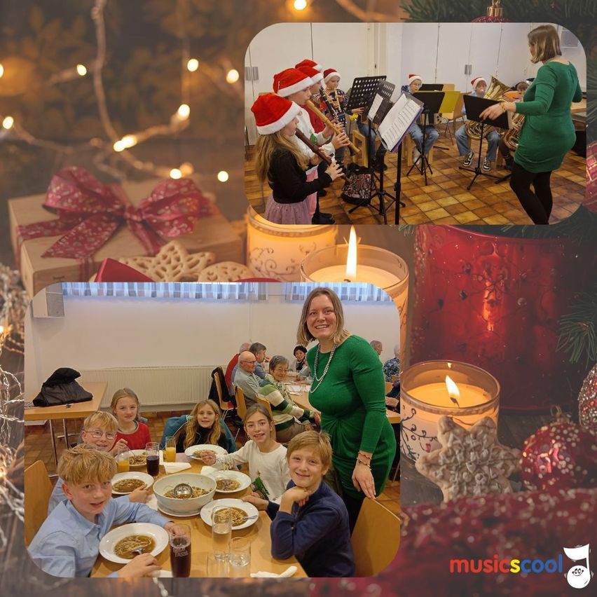 Eine Collage von Bildern mit Kindern, die Instrumente spielen, einer Frau, die lächelt und mit Kindern beim Essen ist, und festlichen Dekorationen.