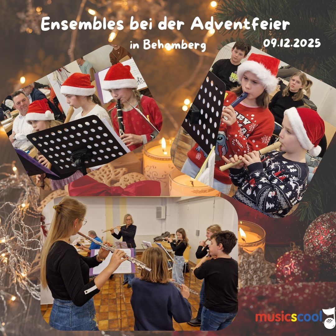 Eine Collage von Kindern, die in festlicher Kleidung bei einer Adventsfeier in Behemberg am 09.12.2025 Instrumente spielen. Es zeigt eine Lehrerin, die eine Gruppe anleitet, Kinder in Weihnachtsmützen und eine festliche Atmosphäre.