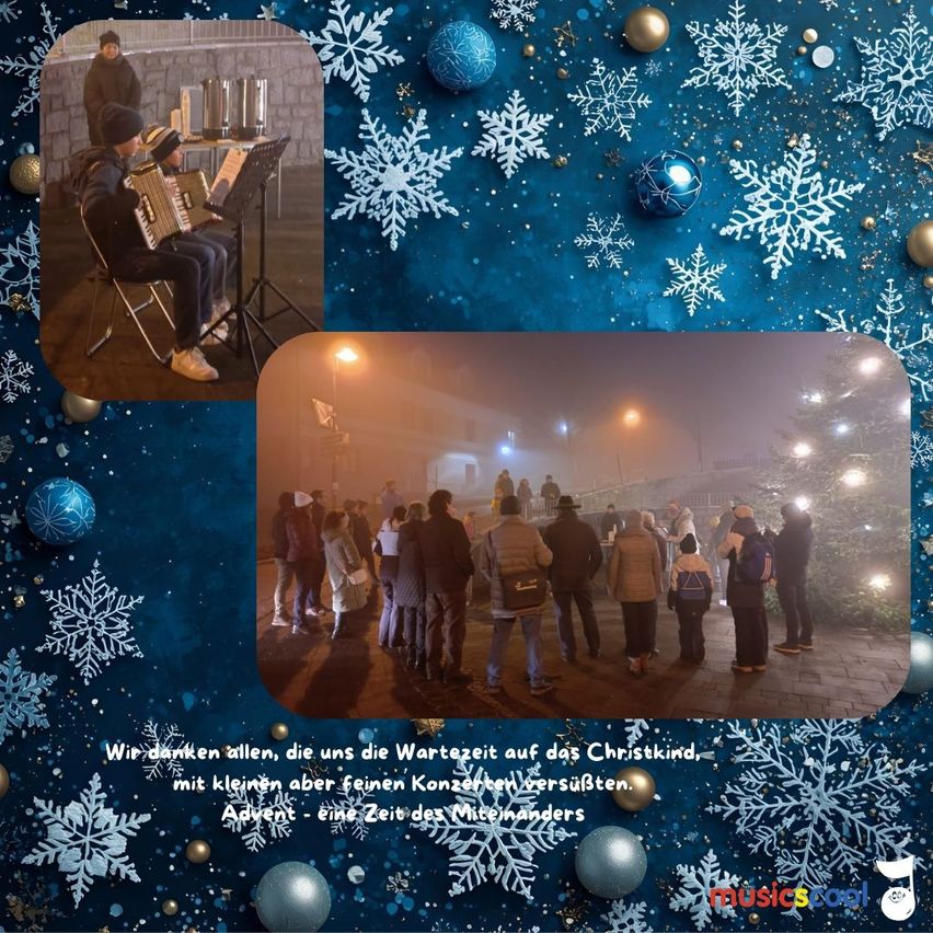 Zwei Fotos von Menschen im Winter. Eine zeigt zwei Menschen, die Musik spielen, das andere eine Gruppe um einen Baum. Schneeflocken und Ornamente schmücken den Hintergrund.