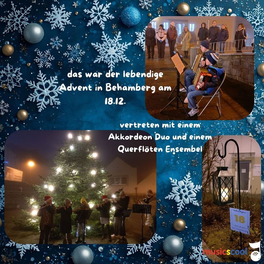 Eine Collage von festlichen Szenen mit musikalischen Elementen. Zuerst stehen Leute um einen beleuchteten Weihnachtsbaum. Zweitens spielen zwei Musiker Akkordeon und Flöte. Drittens spielt ein Junge Akkordeon und Leute schauen zu. Der Hintergrund ist mit Schneeflocken und Ornamenten verziert.