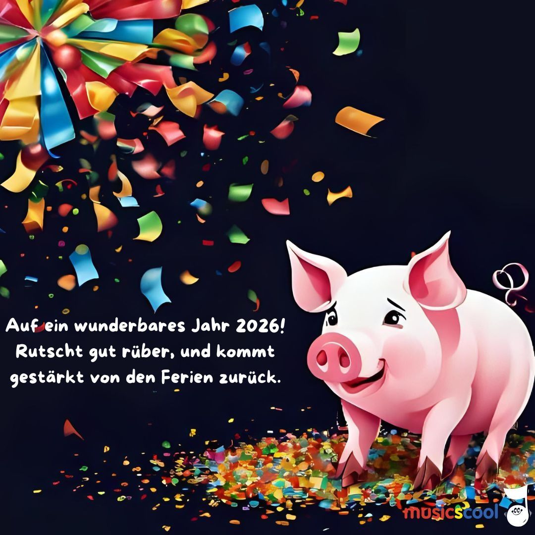 Ein fröhliches Schwein steht inmitten bunter Konfetti, begleitet von dem Text 'Ein wunderbares Jahr 2026!' und 'Gute Besserung, und komm gestärkt von den Ferien zurück.' Unten steht 'musicscool'.