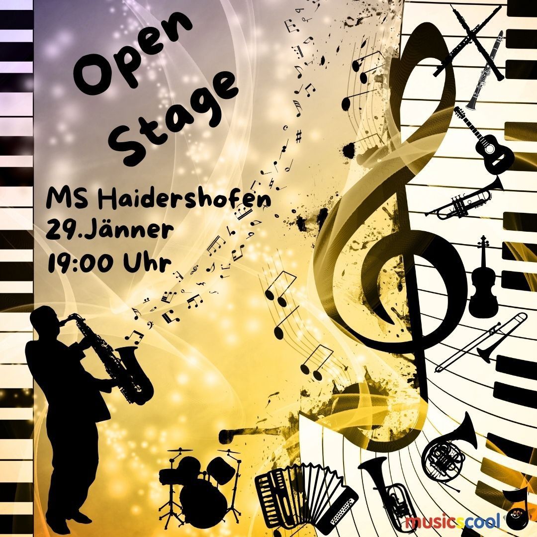 Ein Werbeplakat für die MS Haidershofen Veranstaltung mit Musikersilhouette, Musikinstrumenten und Notenlinien. Datum und Uhrzeit sind der 29. Januar um 19:00 Uhr.