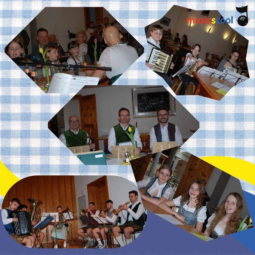 Eine Collage von Menschen, die bei einem Treffen Instrumente spielen. Einige sitzen auf Stühlen, andere stehen. Musikinstrumente wie Trompeten, Posaunen und Akkordeons sind sichtbar. Eine Frau in traditioneller Kleidung ist anwesend.