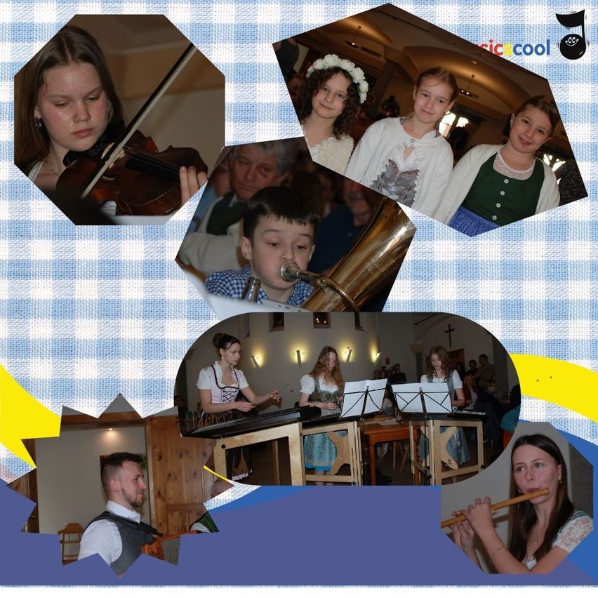 Eine Collage verschiedener Bilder zeigt Musiker, die Instrumente spielen, darunter Geige, Flöte, Tuba und Xylophon. Die Musiker spielen in verschiedenen Umgebungen mit einem Fokus auf traditioneller Musik.