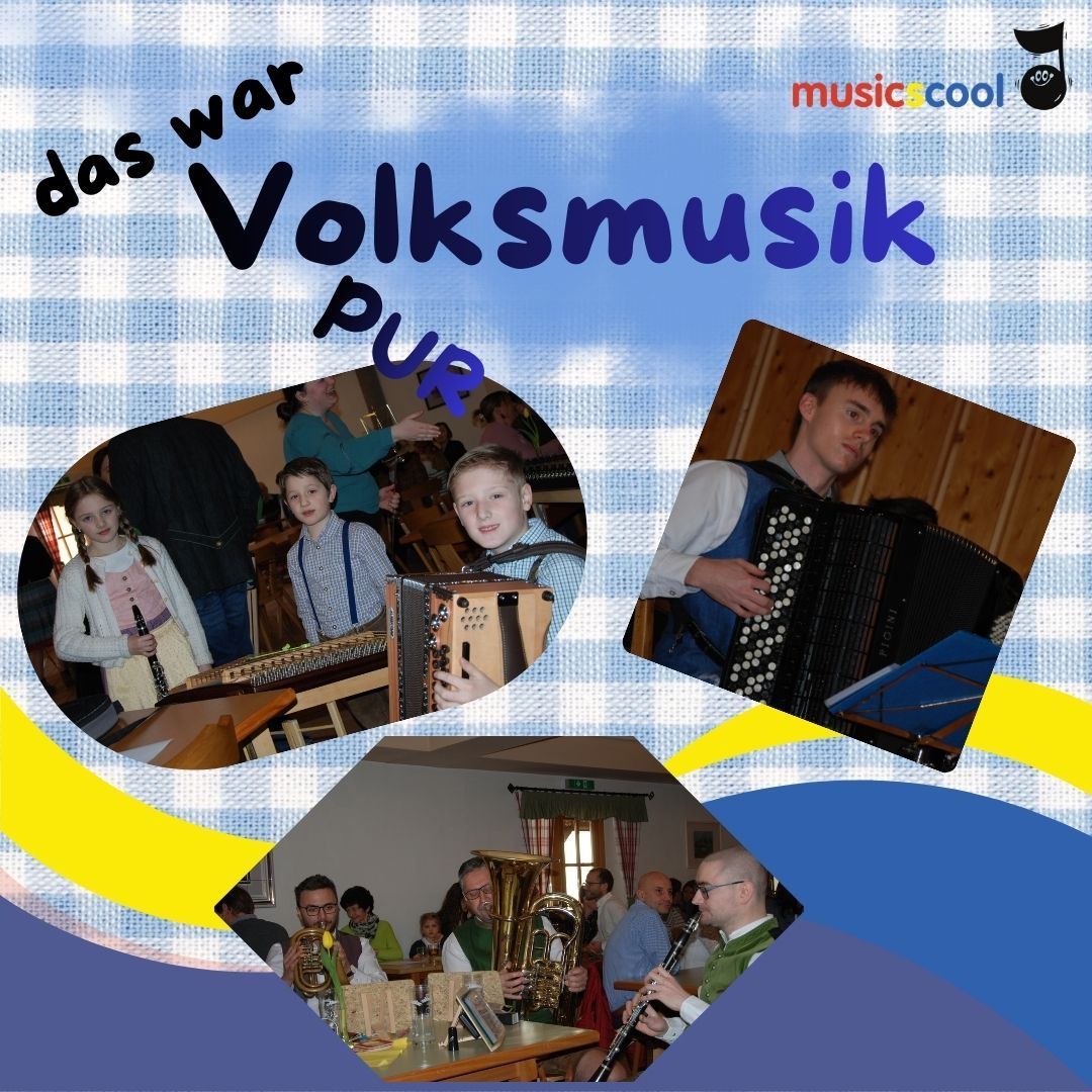 Das Bild zeigt eine Collage verschiedener musikalischer Aufführungen. Eine Person spielt Akkordeon. Eine andere Person spielt Trompete. Eine Person spielt Klarinette. Eine Gruppe von Menschen spielt verschiedene Instrumente. Der Hintergrund ist blau-weiß kariert. Der Text lautet 'Das war Volksmusik pur'.