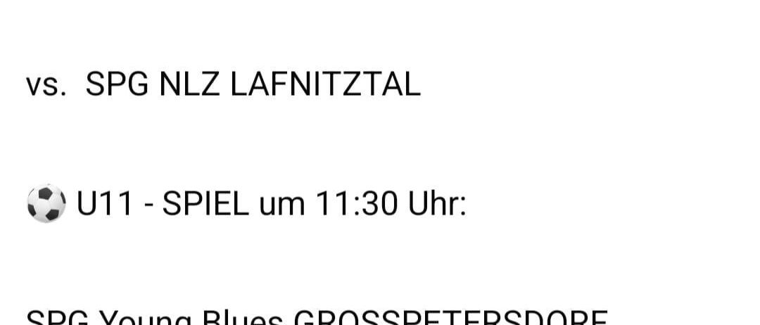 Das Bild zeigt einen Spielplan für zwei Fußballspiele. Das erste Spiel ist zwischen U12-Teams, geplant für 10:00 Uhr. Das zweite Spiel ist zwischen U11-Teams, geplant für 11:30 Uhr.