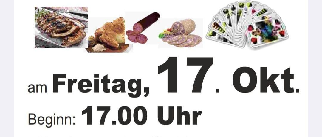 Veranstaltungsplakat für Schnapps mit Bildern von Speisen, Wurst und Karten. Event am Freitag, 17. Oktober um 17:00 Uhr. Kartenpreis 6 Euro, einlösbar bei ASKO Jabing. ZVR: 670203128. Ausgetragen im Gasthaus Dorfplatz Titt.
