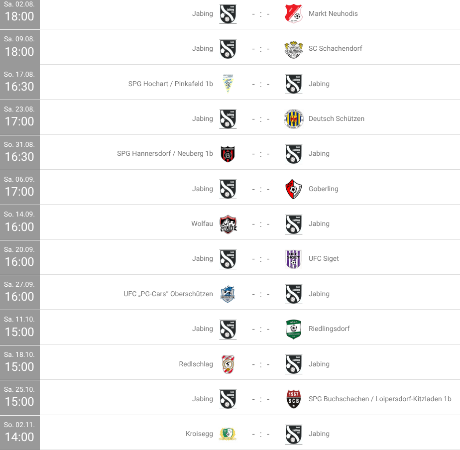 Spielplan für Fußballligaspiele mit Teams wie Jabing, SC Sachsendorf und Goberling. Spiele finden an verschiedenen Terminen und Zeiten statt.