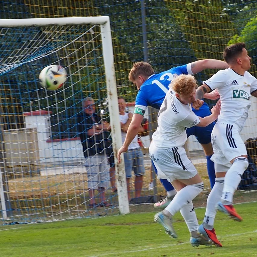 Soccer players in blue and white uniforms are in a tussle near the goalpost. The ball is in mid-air. Spectators are watching from behind the goal.