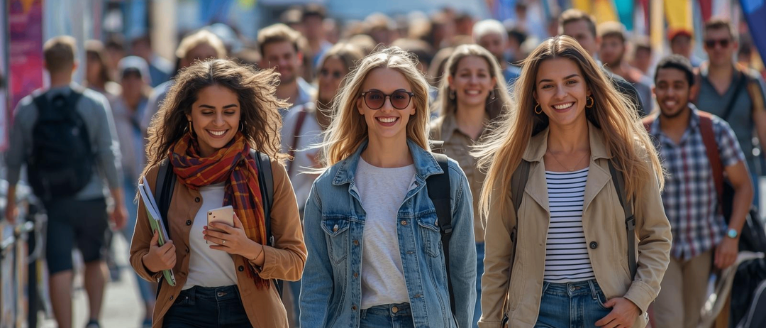 Drei lächelnde Frauen gehen gemeinsam in einem überfüllten Bereich. Die mittlere Frau trägt eine Jeansjacke, während die anderen Jacken und Schals tragen. Sie sind von einer großen Menge umgeben.