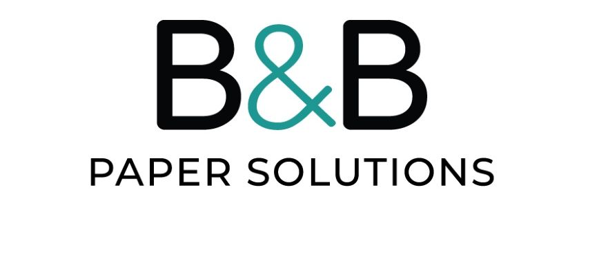 Das Logo für B&B Paper Solutions zeigt zwei 'B' Buchstaben, die durch ein '&' Symbol verbunden sind, mit 'PAPER SOLUTIONS' darunter in einer fetten, serifenlosen Schrift.