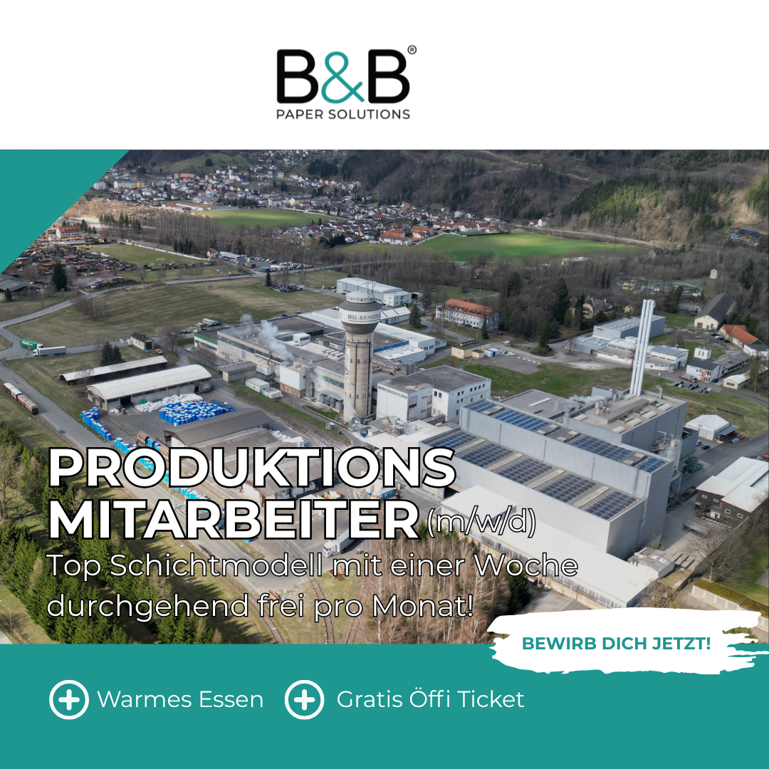 An aerial view of a production facility with the B&B Paper Solutions logo. Text reads 'Productions Mitarbeiter'. Free week per month. Warm meals and free office ticket.