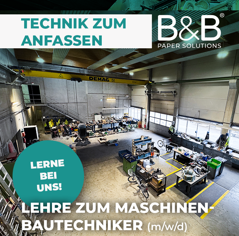An image of a factory with the text Technik zum Anfassen and B&B Paper Solutions. Several workers are present in the area. The image is in German.