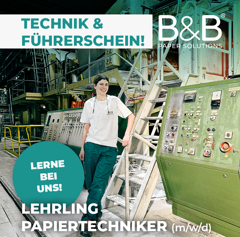 An image of a person standing next to a large industrial machine, smiling. Text reads Technik & Fuhrerschein! and Learn with us. The background is a factory.