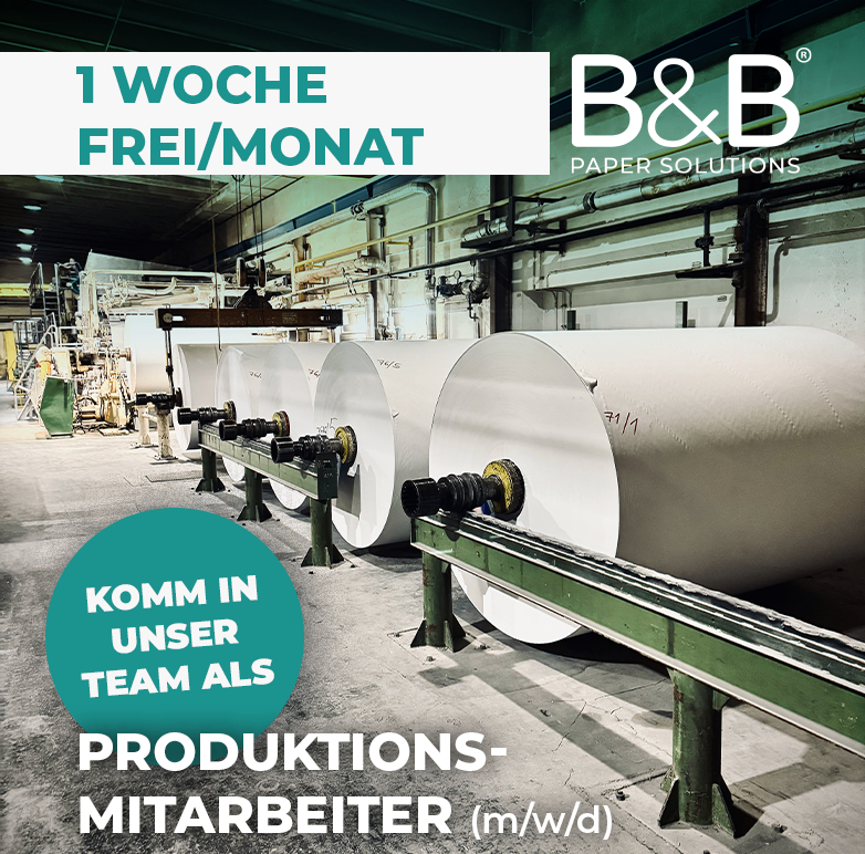 Eine Industriefabrik zeigt eine Einstellungsanzeige für Produktionsmitarbeiter mit einem freien Monat pro Woche. Sie zeigt große Papierrollen auf einem Förderband.