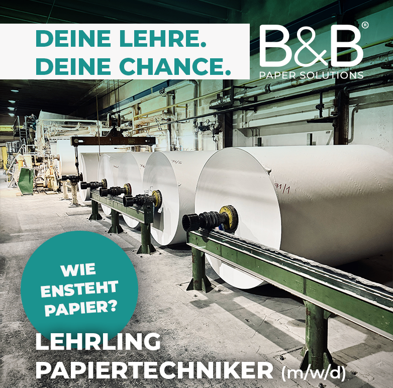 Ein industrielles Umfeld mit großen Papierrollen auf einem Förderband. Der Text lautet 'Deine Lehre. Deine Chance.' und 'Wie entsteht Papier?' in einem Kreis.