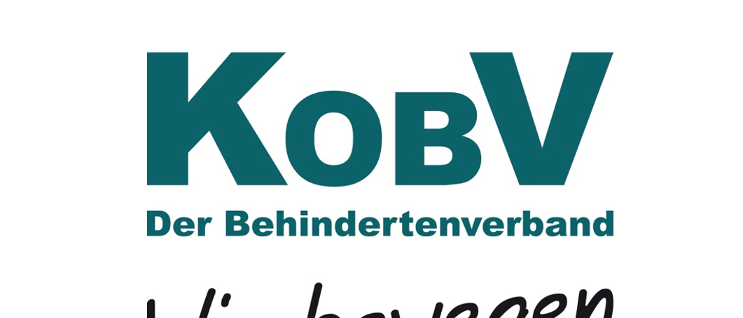 Das Logo für KobV, einen Verband für Behinderte, lautet 'Wir bewegen' in kursiver Schrift.