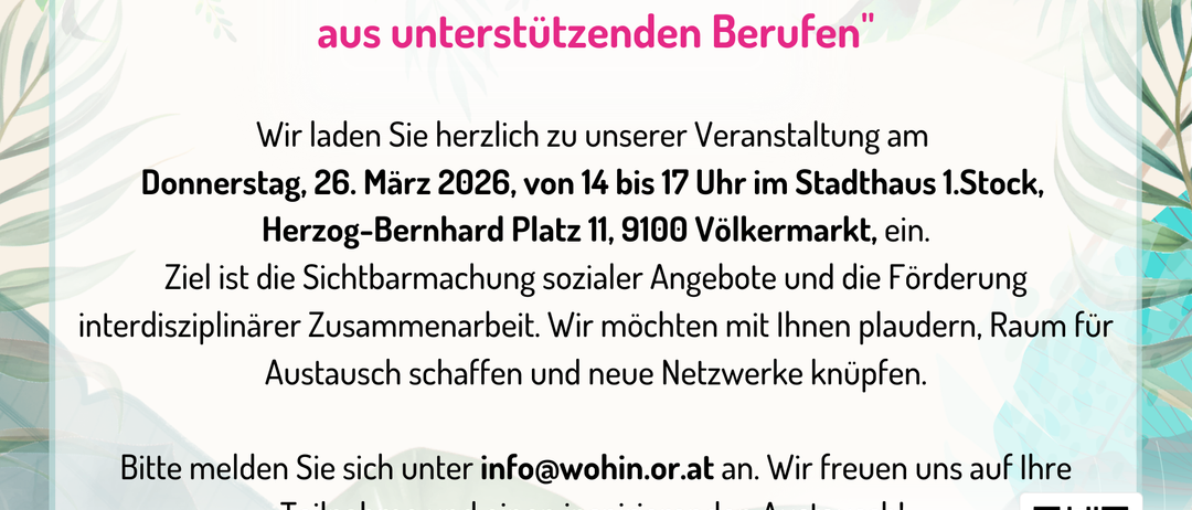 Invitation to the event 'redn' - Interdisciplinary networking for professionals from supporting occupations. We invite you to our event on Tuesday, March 26, 2026, from 14 to 17 at Stadthaus. 1. Stock Herzog-Bernhard Platz 11, 9100 Völkermarkt, a.