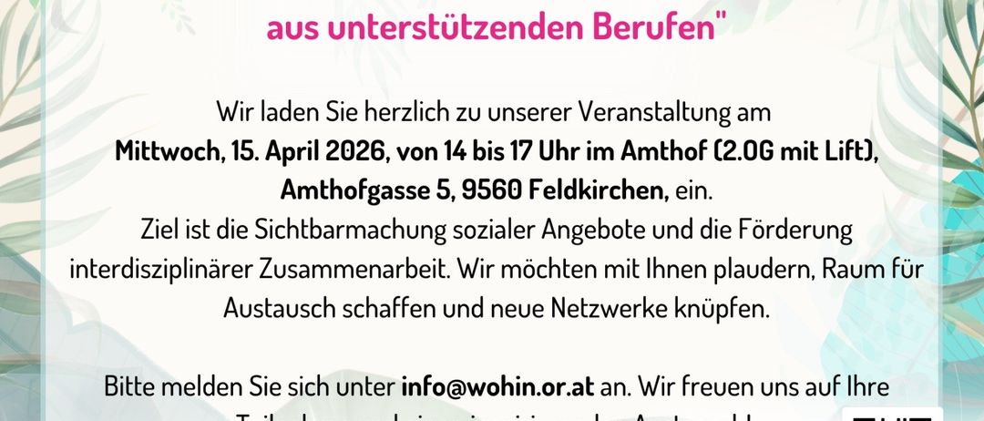 Einladung zur Veranstaltung 'redn - Interdisziplinäre Vernetzung für Fachkräfte aus unterstützenden Berufen' am 15. April 2026, von 14 bis 17 Uhr im Amthof. Ziel ist die Sichtbarmachung sozialer Angebote und die Förderung fachübergreifender Zusammenarbeit. Wir freuen uns auf Ihre Teilnahme und inspirierende Diskussionen.