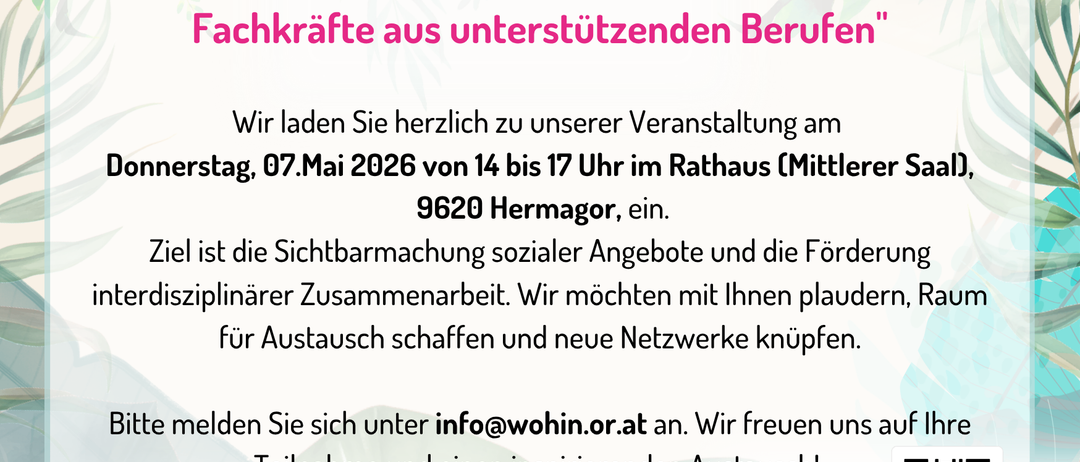 Einladung zur Veranstaltung 'Zam Redn - Interdisziplinäre Vernetzung für Fachkräfte aus unterstützenden Berufen'. Wir laden Sie herzlich zu unserem Event am Montag, 07. Mai 2026 von 14 bis 17 Uhr im Rathaus ein. Ziel ist die Sichtbarmachung sozialer Angebote und die Förderung interdisziplinärer Zusammenarbeit. Wir freuen uns auf Ihre Teilnahme und einen inspirierenden Austausch!