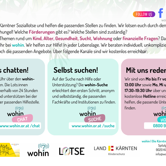 Das Bild zeigt drei Hilfeoptionen von Wohn: chatten, selbst suchen und mit uns reden. Kontaktdaten und Logos verschiedener Partner sind enthalten.