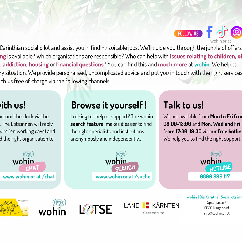 Ein soziales Pilotprojekt in Kärnten hilft Ihnen, geeignete Jobs zu finden. Sie leiten Sie durch Stellenangebote und bieten Rat zu Themen wie Kinder, Sucht und Wohnen. Kontaktieren Sie sie per Chat oder Hotline.