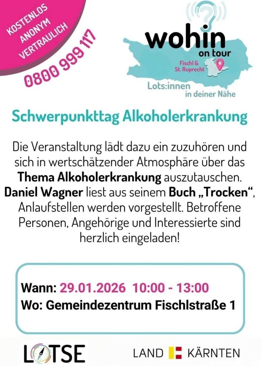 Die Veranstaltung lädt dazu ein, zuzuhören und sich in wertschätzender Atmosphäre über das Thema Alkoholerkrankung auszutauschen. Daniel Wagner liest aus seinem Buch 'Trocken'. Betroffene Personen, Angehörige und Interessierte sind herzlich eingeladen! Wann: 29.01.2026, 10:00-13:00, Gemeindezentrum Fischlstraße 1.