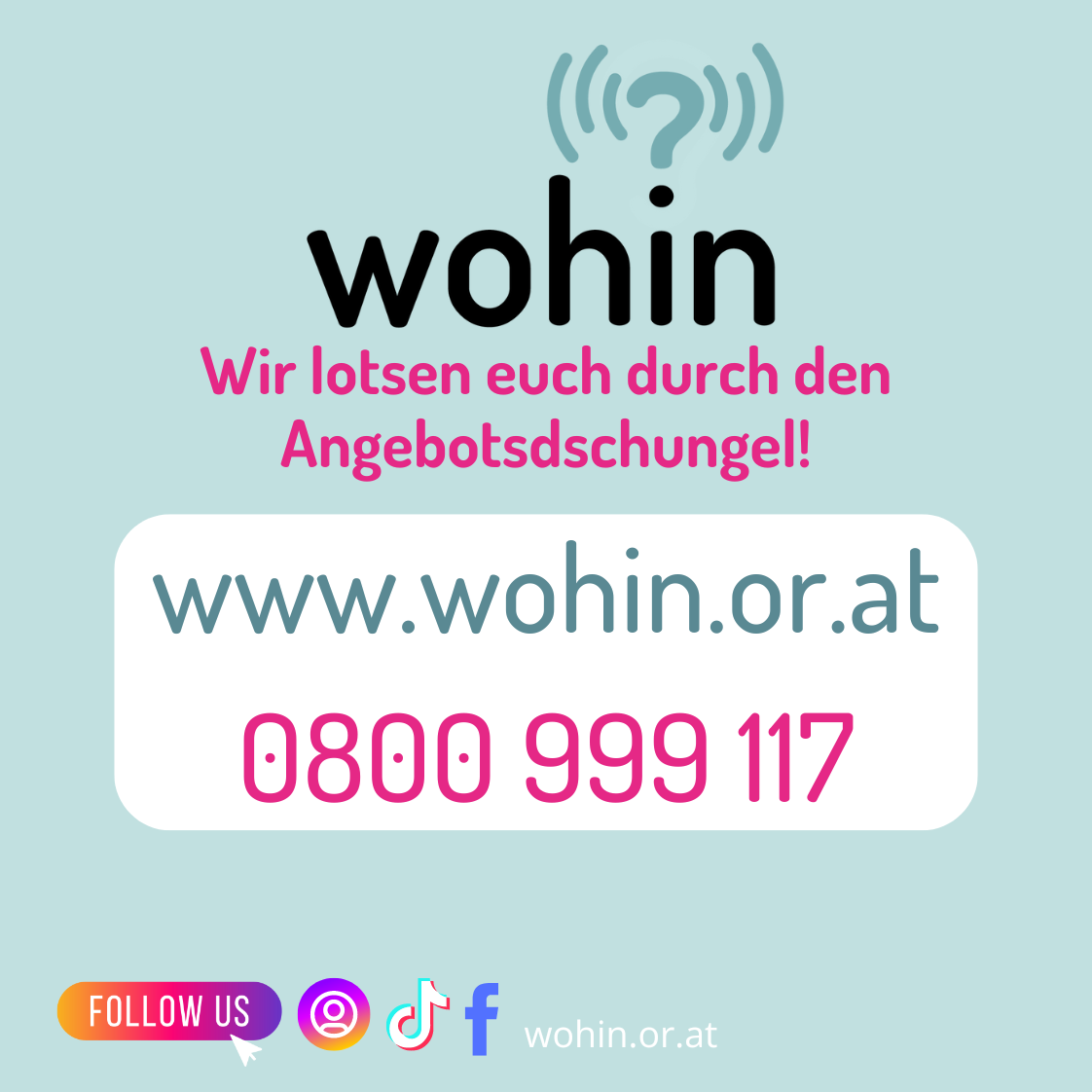 Eine blaue Werbung für Wohin, einen Wohnungsangebotsdienst. Es enthält eine Telefonnummer 0800 999 117 und eine Website www.wohin.or.at. Der Slogan lautet 'Wir lotsen euch durch den Angebotsdschungel!'. Darunter befinden sich Social-Media-Symbole.
