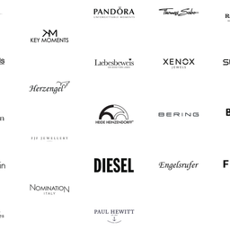 Ein Bild zeigt Logos verschiedener Schmuckmarken, darunter Pandora, Thomas Sabo, Xenox, Herzengel, BERING, FJF Jewellery, Diesel, Engelsrufer, Nomination und Paul Hewitt.
