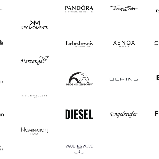 Ein Bild zeigt Logos verschiedener Schmuckmarken, darunter Pandora, Thomas Sabo, Xenox, Herzengel, BERING, FJF Jewellery, Diesel, Engelsrufer, Nomination und Paul Hewitt.