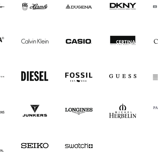 Auf einem weißen Hintergrund sind Logos verschiedener Marken zu sehen, darunter Calvin Klein, Casio, DKNY, Diesel, Fossil, Guess, Longines, Michel Herbelin, Seiko und Swatch.