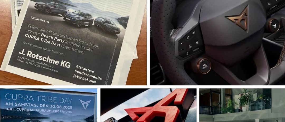 Eine Bildcollage mit Werbematerialien für den Cupra Tribe Day. Es enthält ein Close-up eines Lenkrads, eine Werbetafel und ein Auto-Schild mit Logo. Die Automarke ist Cupra.