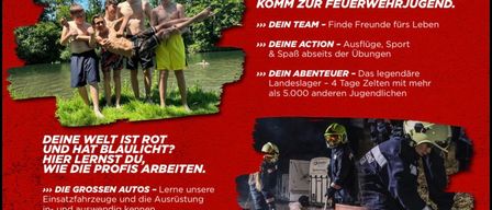 Ein Plakat für die Jugendfeuerwehr. Es zeigt eine Gruppe junger Menschen in einem Fluss und Feuerwehrleute bei der Arbeit. Das Plakat betont die Vorteile des Beitritts, einschließlich Freundschaft, Abenteuer und das Erlernen wichtiger Lebenskompetenzen.