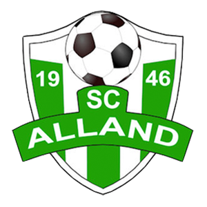 Das Logo des Alland-Fußballvereins zeigt einen schwarzen Hintergrund mit einem Schilddesign. Ein Fußball ist auf dem Schild platziert, mit den Zahlen 19 und 46 auf der linken und rechten Seite. Der Name des Vereins, Alland, ist in Weiß auf einem grünen Band geschrieben.