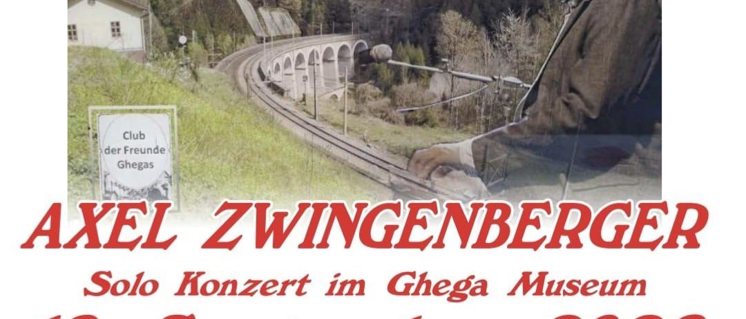 Plakat für das Solo-Konzert von Axel Zwingenberger im Ghega Museum am 19. September 2026. Das Plakat zeigt einen malerischen Berghintergrund, einen Mann mit langen Haaren und ein Schild für den Club der Freunde Ghegas.