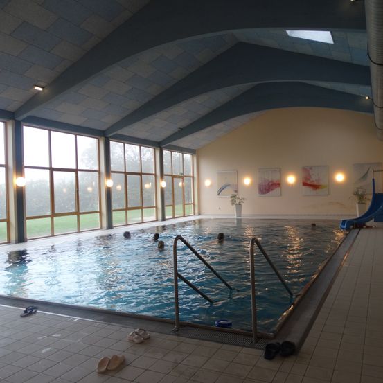 Ein Hallenbad mit gewölbten Decken, großen Fenstern und mehreren Schwimmern. Die Wände sind mit Kunstwerken und Topfpflanzen geschmückt. Eine blaue Rutsche befindet sich auf der rechten Seite.