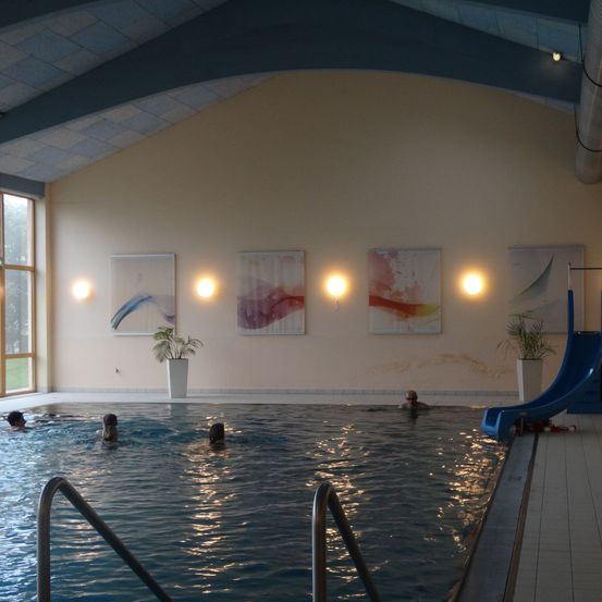 Ein Hallenbad mit mehreren Schwimmenden. Vier abstrakte Gemälde hängen an der Wand. Auf beiden Seiten des Beckens stehen zwei Topfpflanzen.