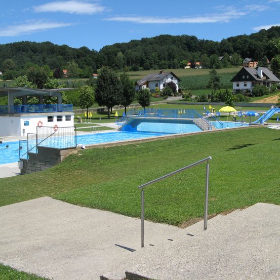 Ein Schwimmbad mit Sprungbrett, umgeben von grünem Rasen und Bäumen, mit Häusern und Bergen im Hintergrund.