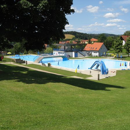 Ein großer Außenpoolbereich mit blauem Wasser, umgeben von saftigem grünem Gras. Im Hintergrund befinden sich mehrere Gebäude, darunter ein Haus.