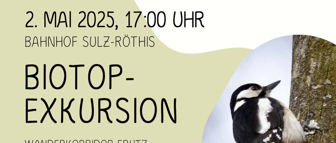 Plakat für eine geführte Tour am 2. Mai 2025 um 17 Uhr am Bahnhof Sulz-Rotis. Die Veranstaltung befasst sich mit dem Biotop-Korridor Frutz und seiner Bedeutung. Die Teilnahme ist kostenlos.