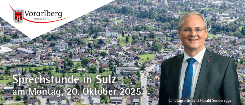 Plakat mit einem Mann in Anzug und Brille, betitelt 'freie Stunden in Sulz'. Die Veranstaltung ist am Montag, 20. Oktober 2025. Der Mann lächelt und der Hintergrund zeigt eine Landschaft mit Gebäuden und Bäumen.